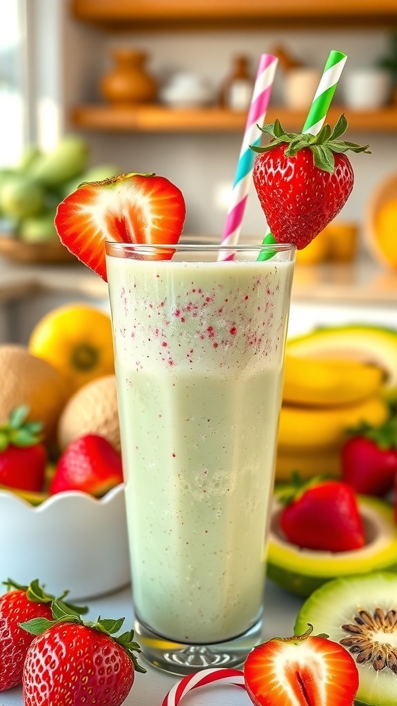 A refreshing strawberry honeydew smoothie in a glass, garnished with fruit slices, set in a bright kitchen.